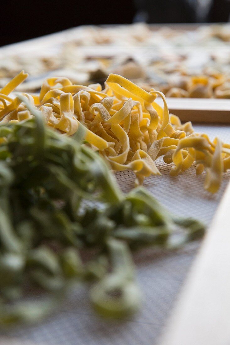 Frische, trocknende selbstgemachte Tagliatelle