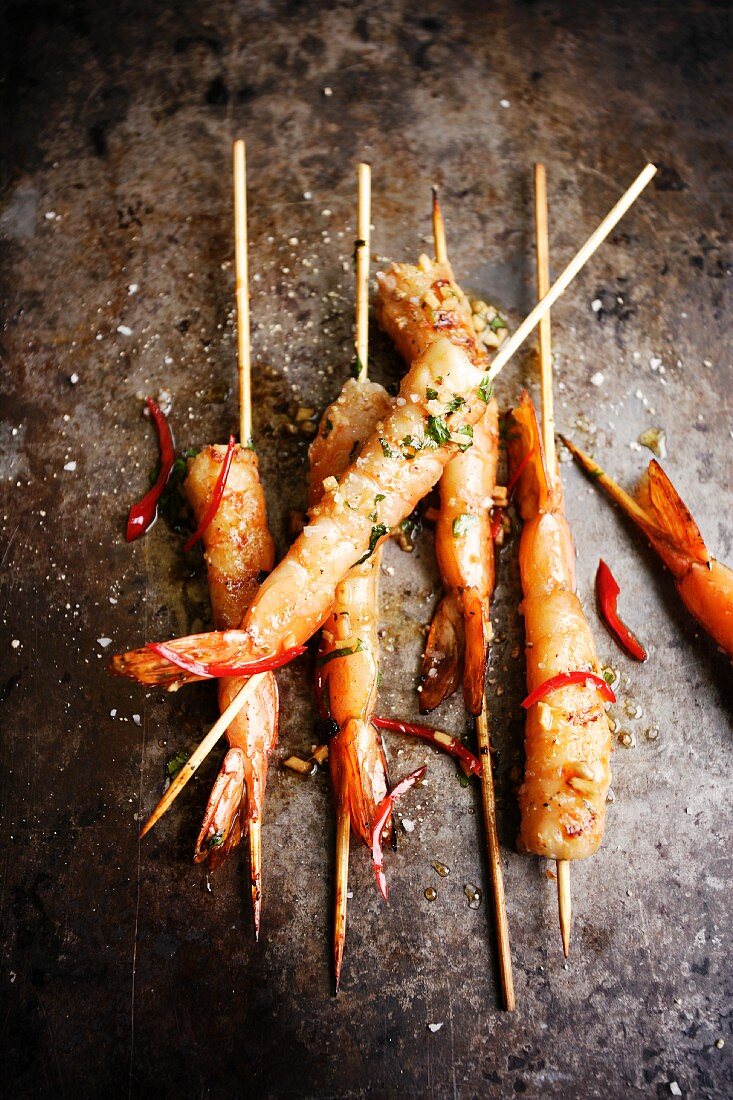 King prawn skewers in a chilli and ginger marinade