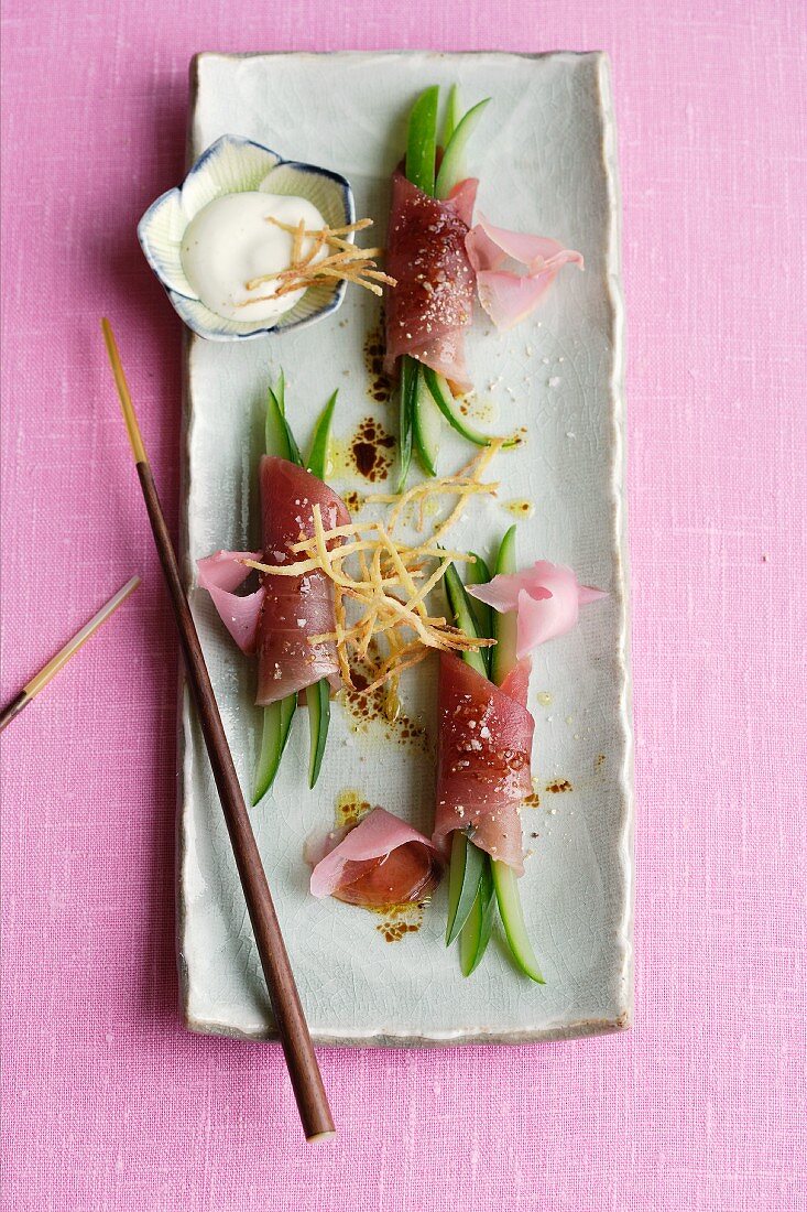 Tuna and cucumber rolls with pickled ginger and wasabi cream (Japan)