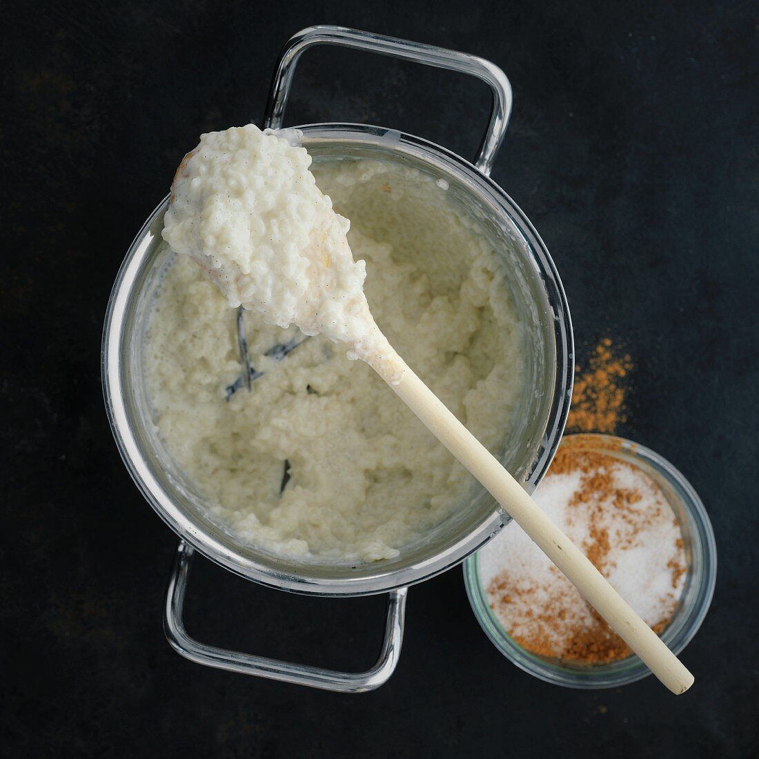 Classic rice pudding with cinnamon and sugar