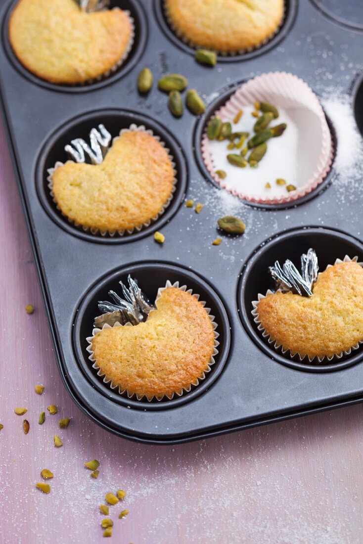 Heart-shaped muffins baked in paper cases