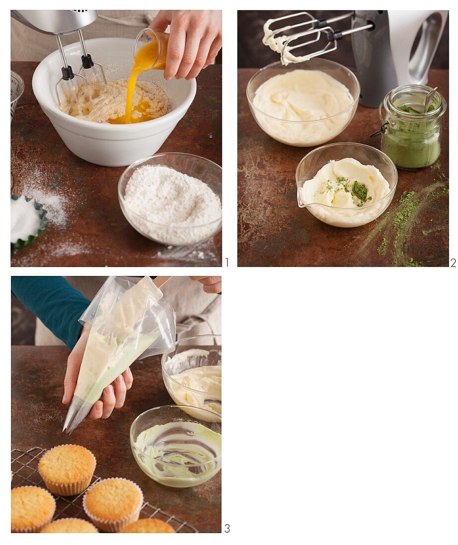 Matcha mango cupcakes being baked with coconut