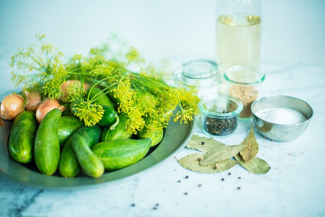 Pickling cucumbers with dill, vinegar and spices