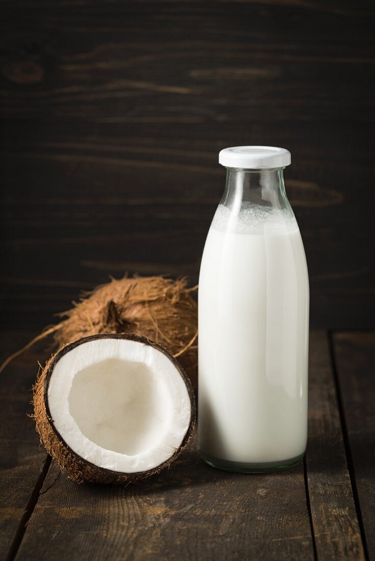 Coconut milk in a glass bottle