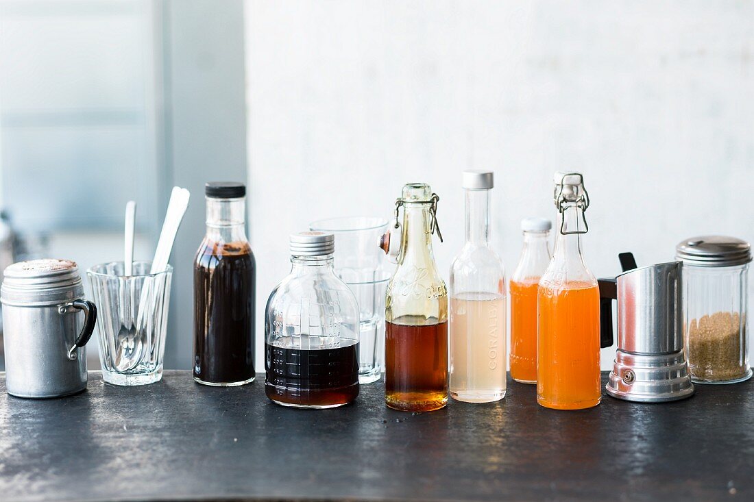 Bottles of homemade syrup