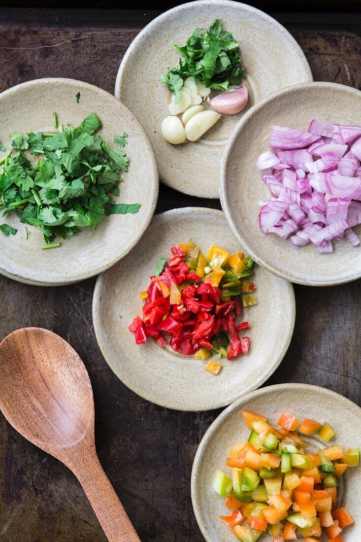 Ingredients for sofrito criollo (Latin American spicy sauce)