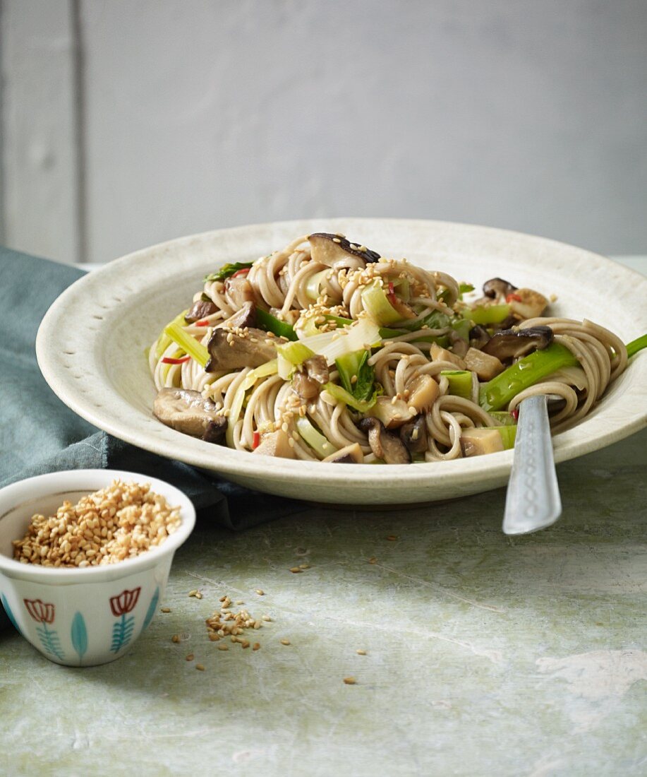 Stir-fried soba noodles with bok choy and oriental mushrooms