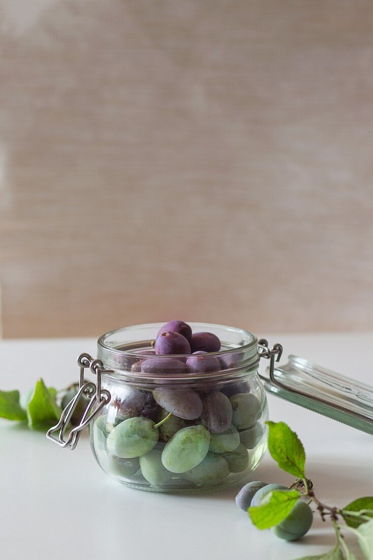 Young green and purple plums in a preserving jar