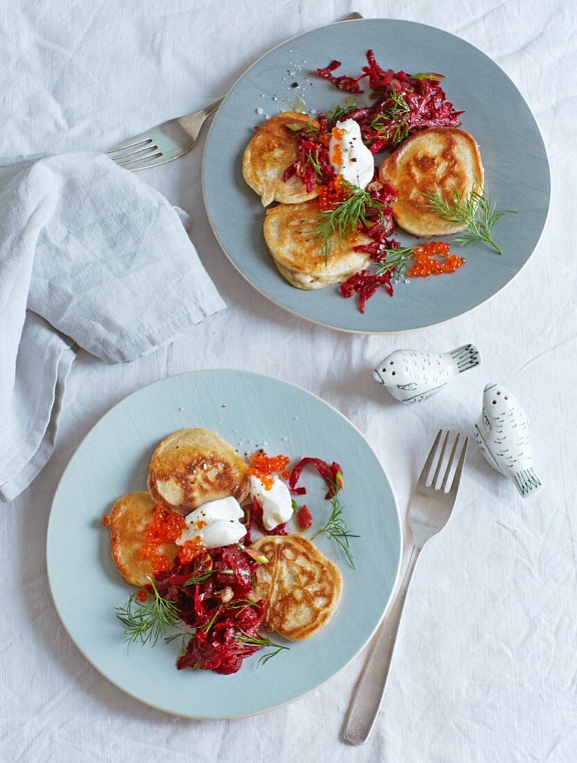 Buckwheat blini with beetroot tatar and keta caviar