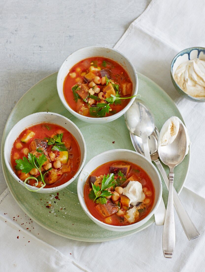 Chickpeas stew with aubergines, tomatoes and sumach yoghurt