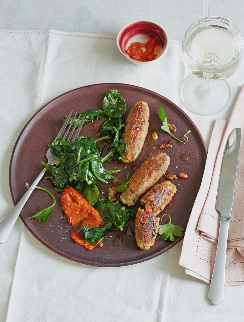 Cevapcici aus Grünkern mit Spinat & Ajvar