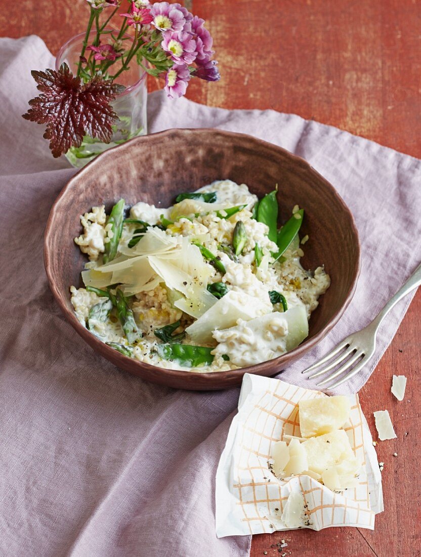 Risotto with spring vegetables and Parmesan cheese
