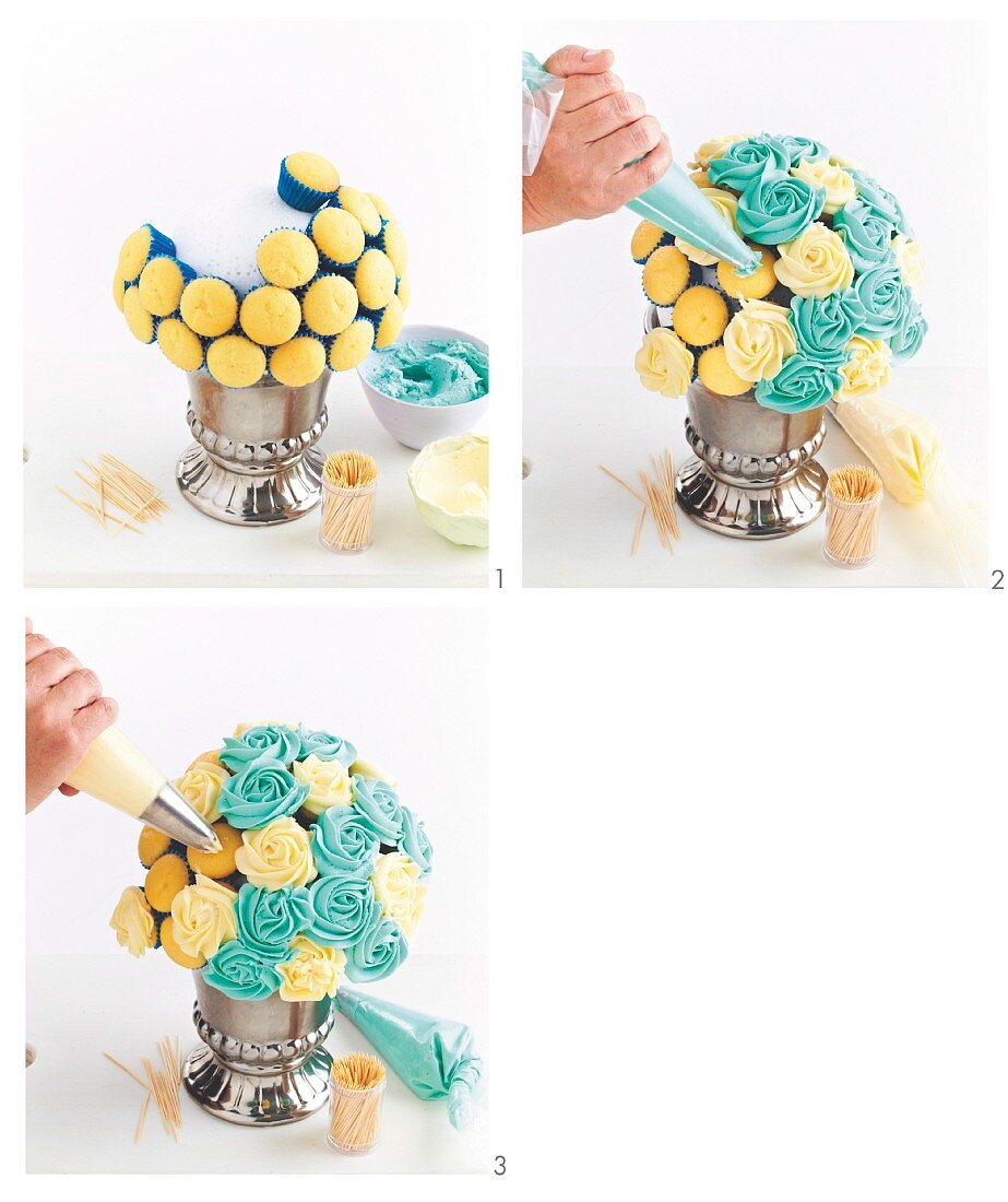 Make a blue & white cupcake bouquet
