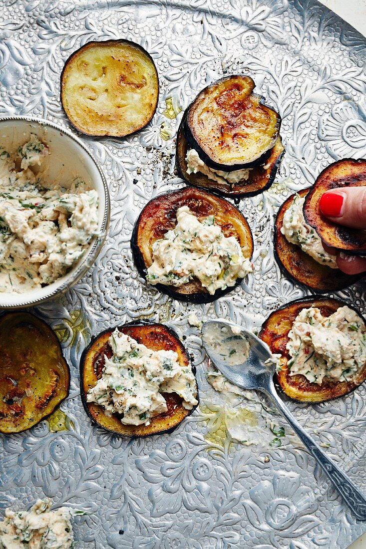 Fried aubergines topped with a soft cheese and walnut cream (Turkey)