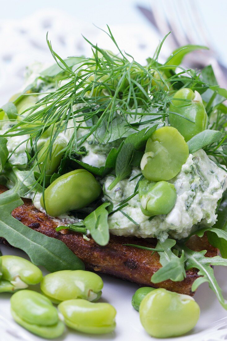 Frischkäse-Crostini mit frischen Kräutern, grünen Bohnenkernen und Rucola