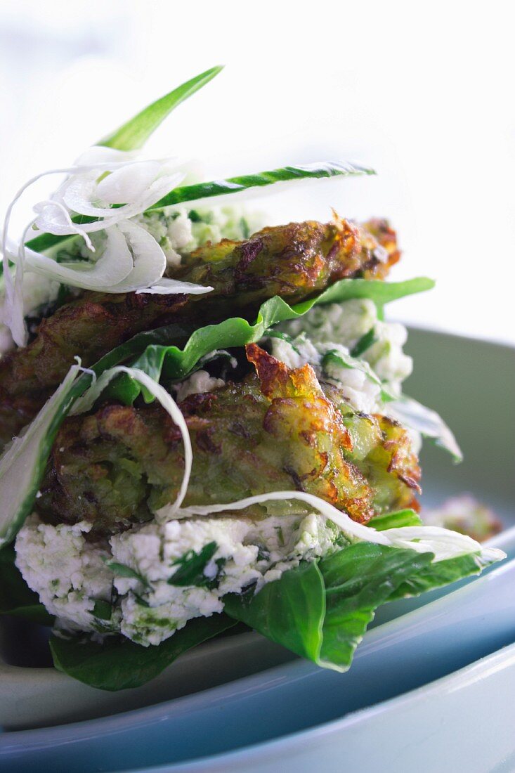 Courgette fritters with goat's cheese, ricotta, spinach and cucumber slices