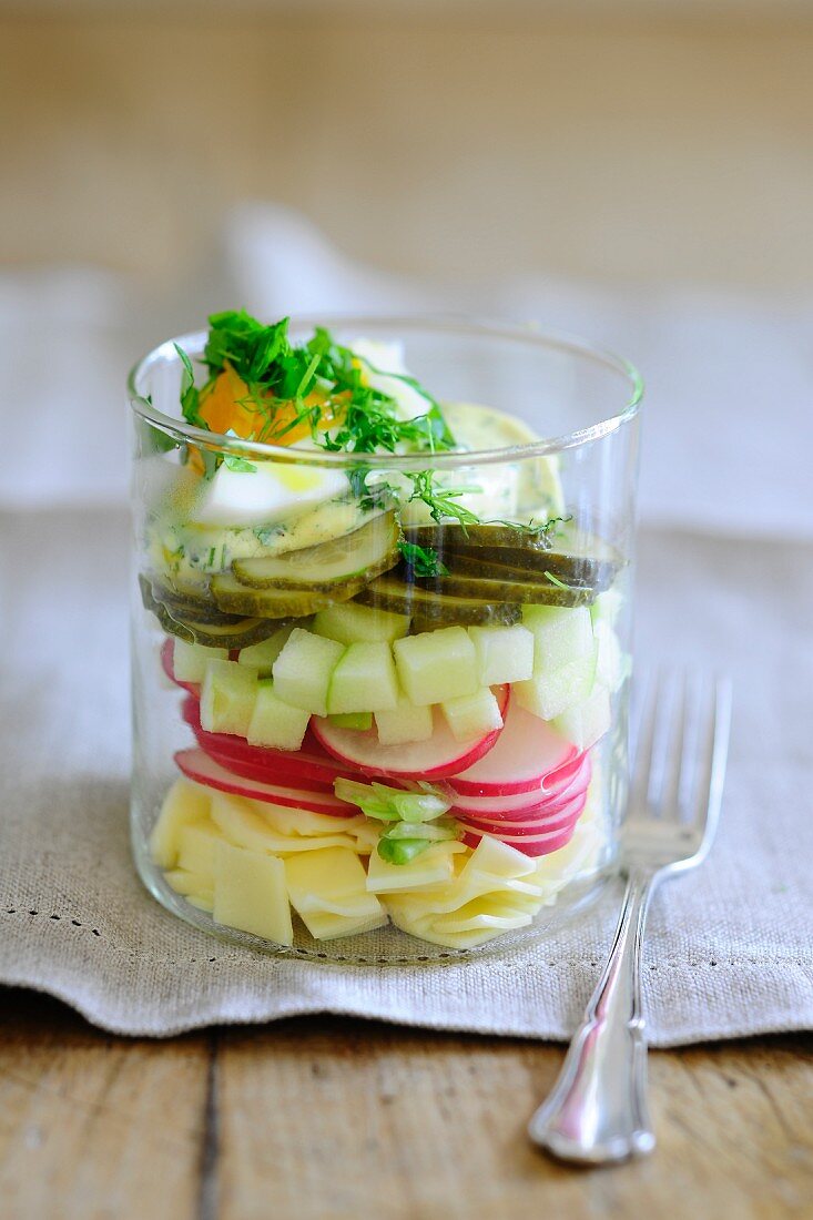 Käsesalat mit Radieschen, Apfel, Essiggurke und Ei