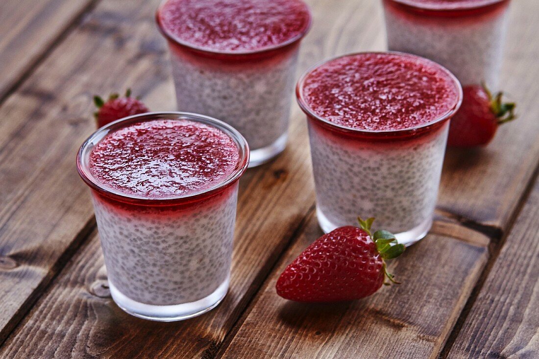 Coconut pudding with chia seeds and strawberry sauce