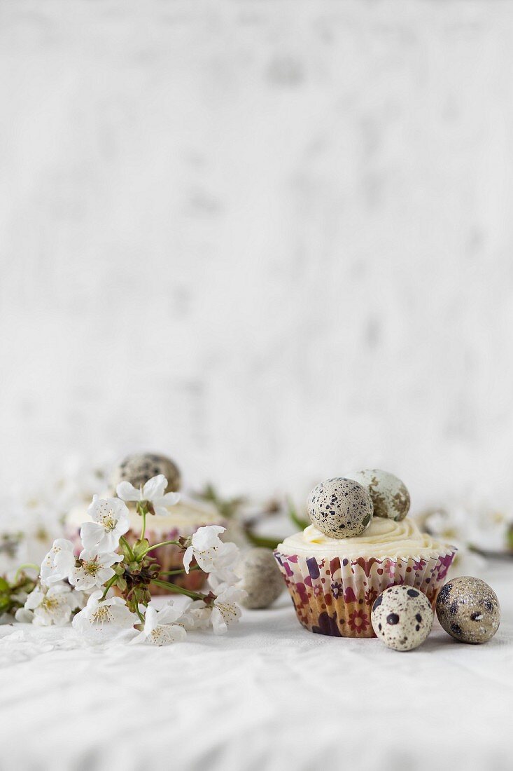 Cupcakes mit weißem Zuckerguss und Wachteleiern zu Ostern