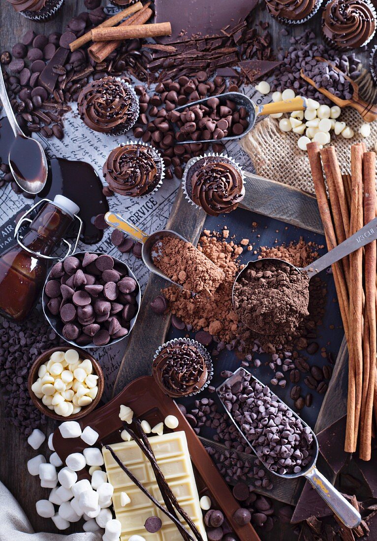 Schokoladenstilleben mit Cupcakes, Chocolatechips, Kakao, Sirup, Marshmallows und Zimtstangen