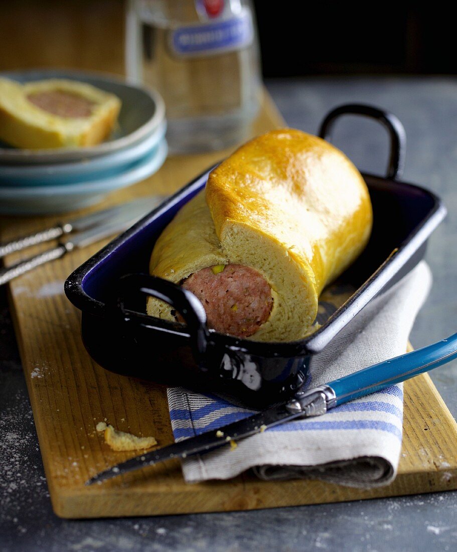 Homemade cervelas de Lyon in brioche pastry