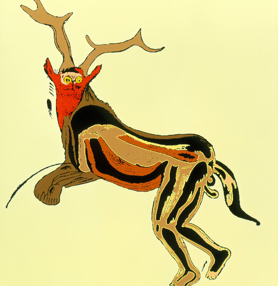 Coloured Cro-magnon cave painting of witch doctor