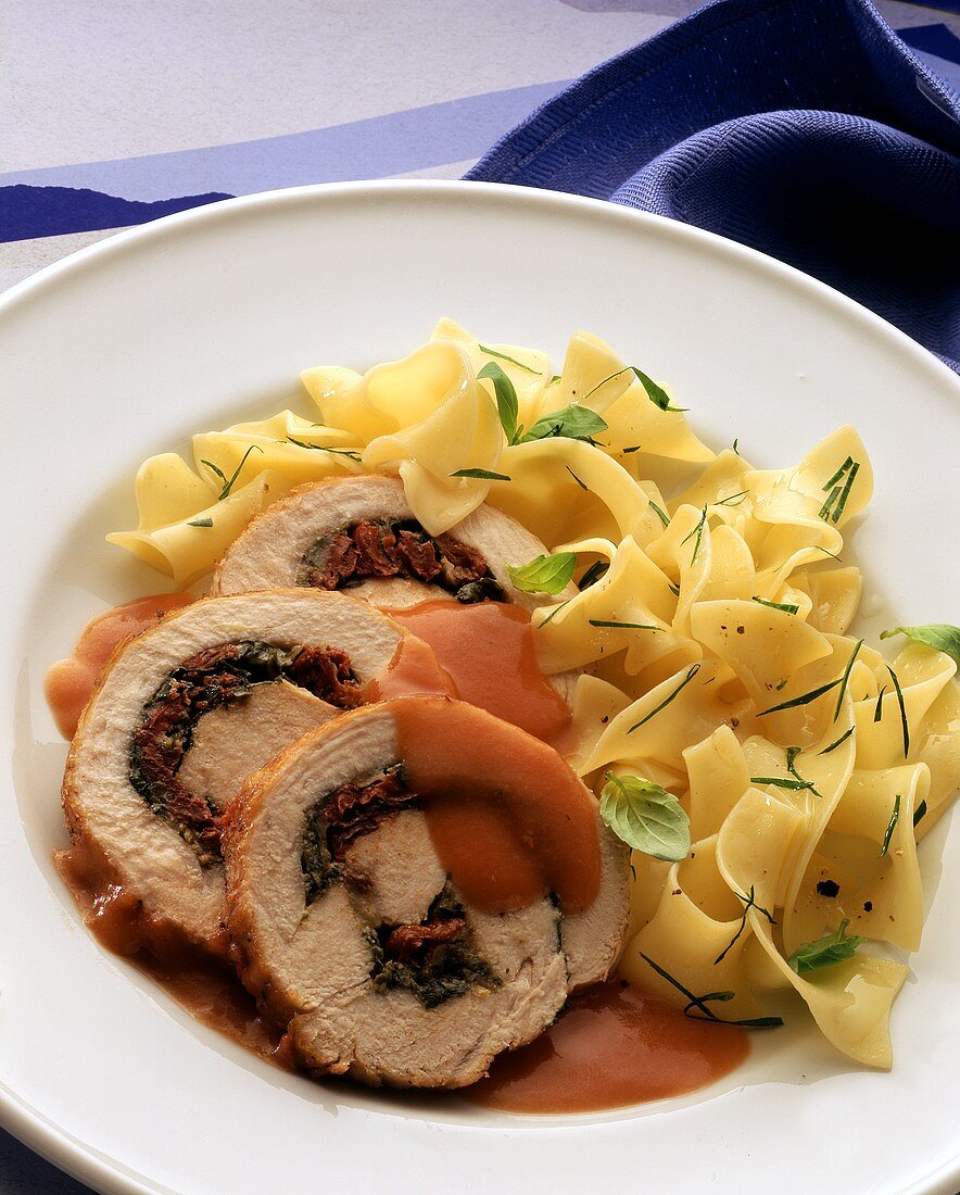 Turkey roulade with dried tomatoes and ribbon noodles