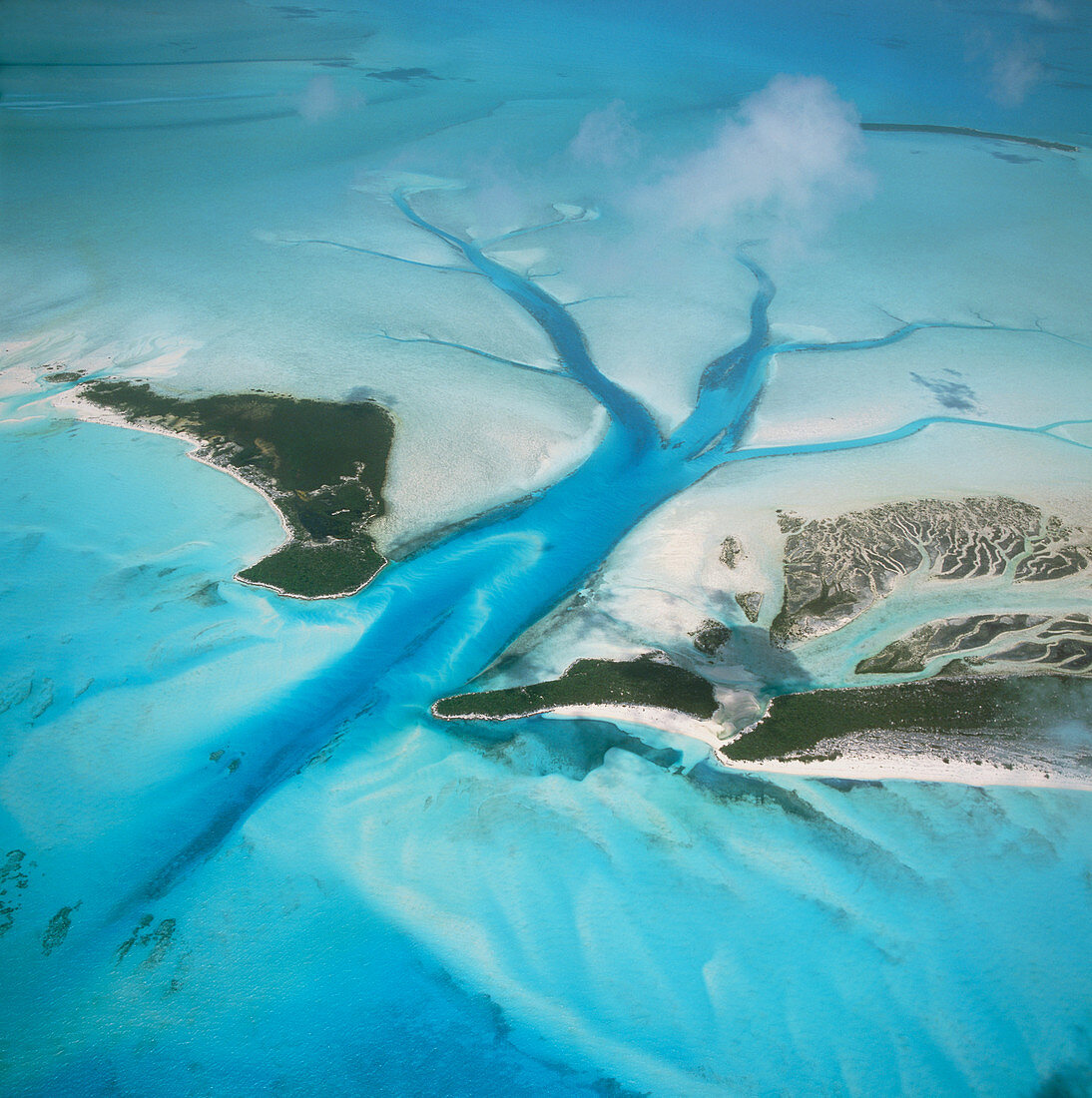 View of islands and a tidal estuary in the Bahamas