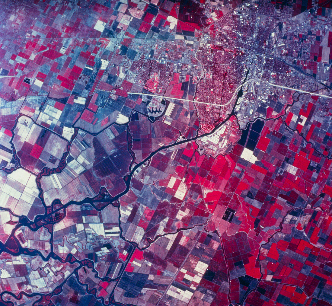 Aerial infrared photo of town in midwestern USA