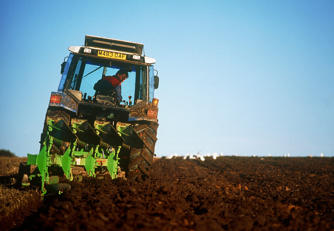View of a tractor ploughing a field