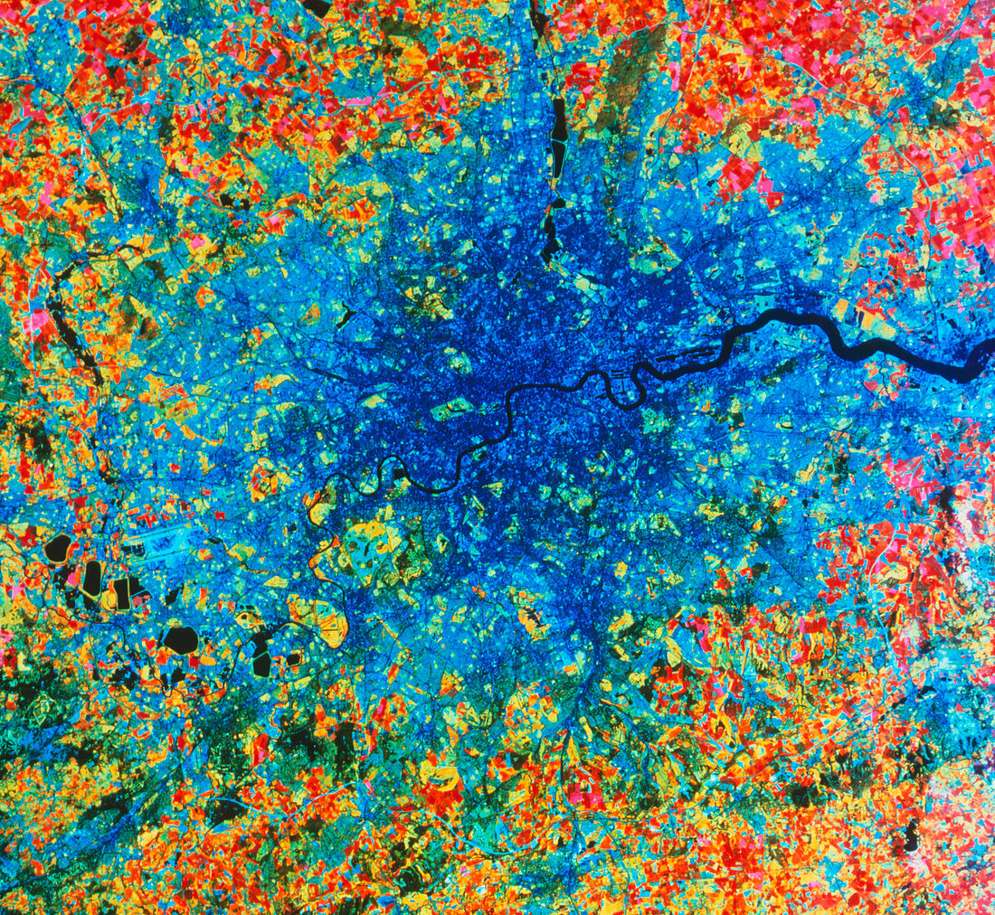False-colour satellite image of London