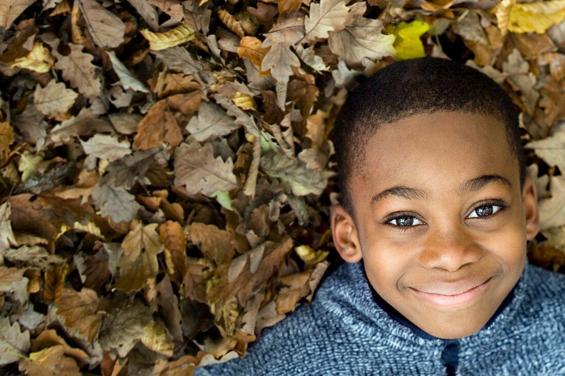 Smiling boy lying on autumn leaves