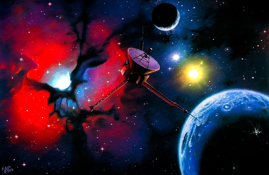 Artwork of a space probe approaching Trifid nebula