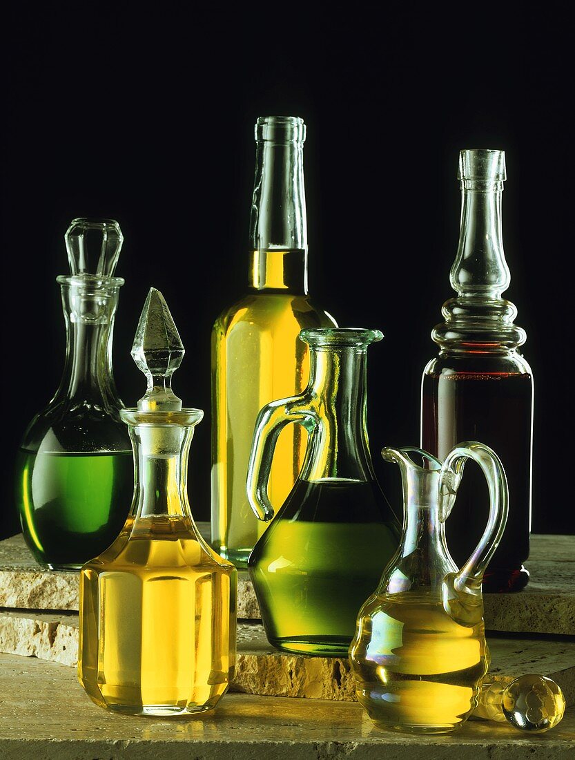 Various oils and vinegars in bottles