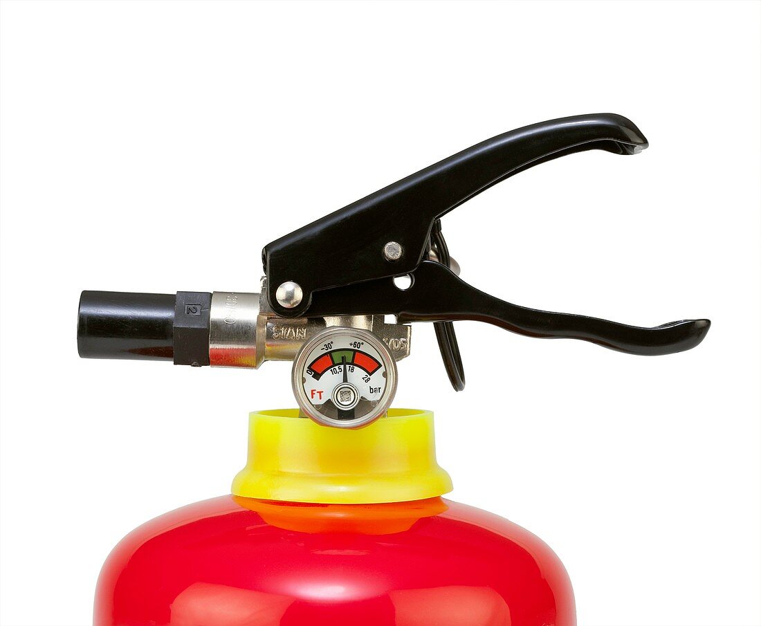 Pressure gauge on fire extinguisher