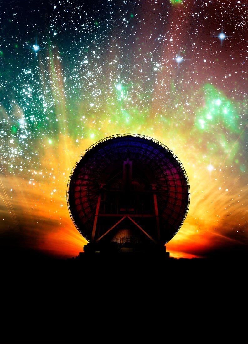 Radio telescope and night sky,artwork
