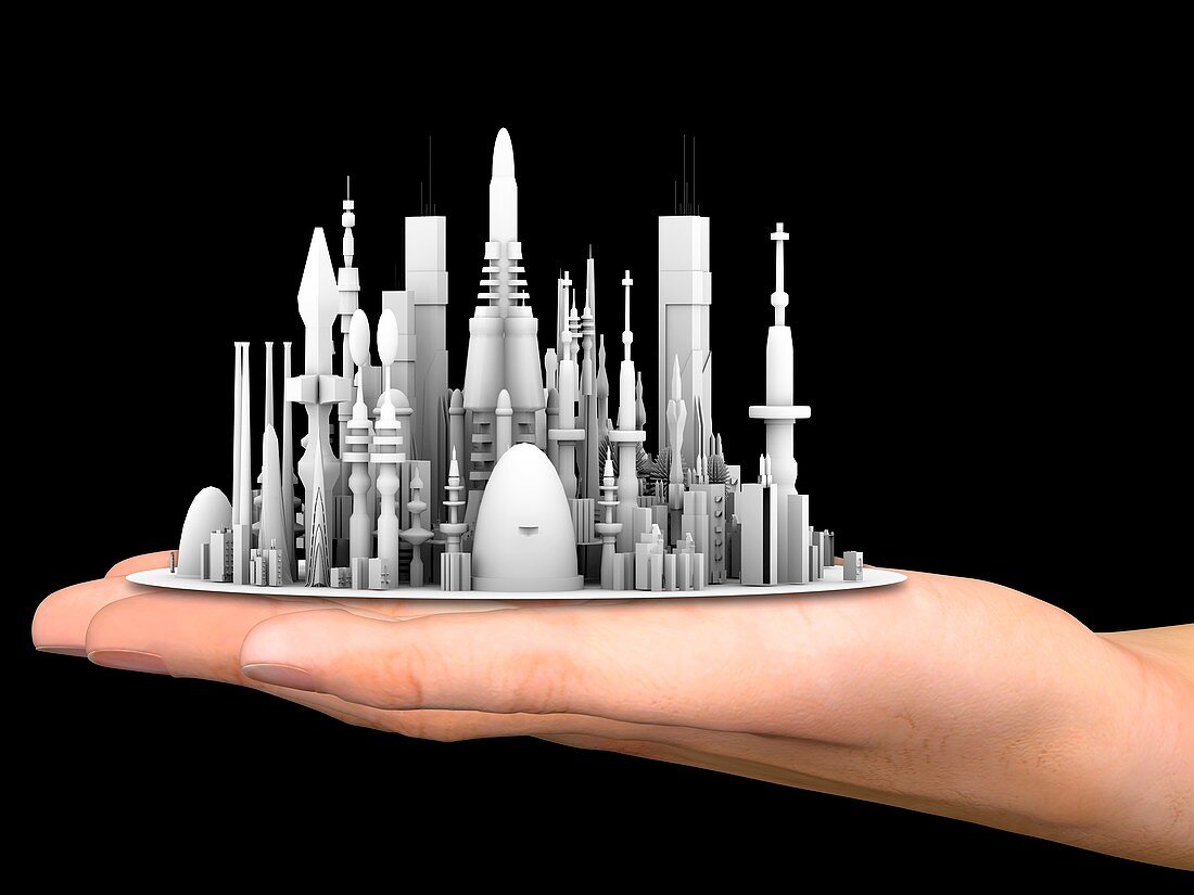 Hand with futuristic city