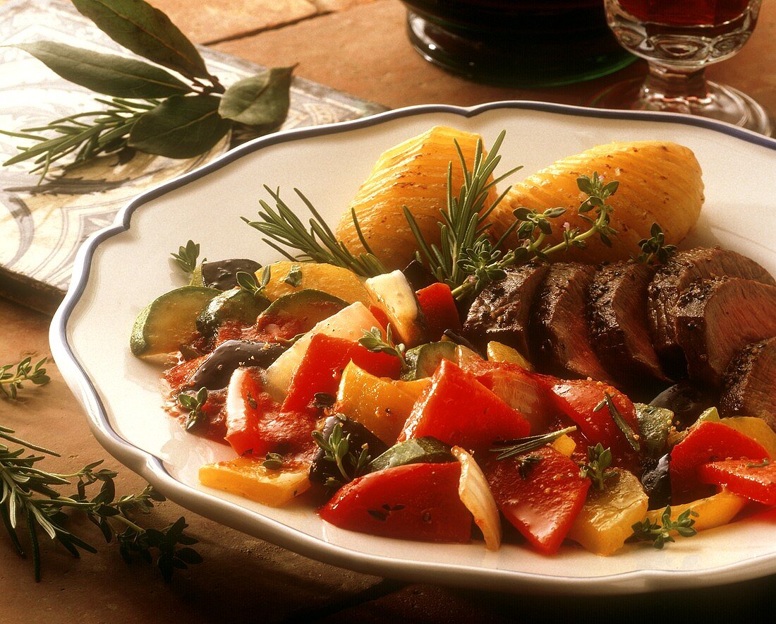 Mediterranean lamb fillet with ratatouille & baked potatoes