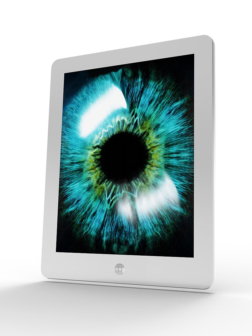 Tablet computer showing an iris,artwork