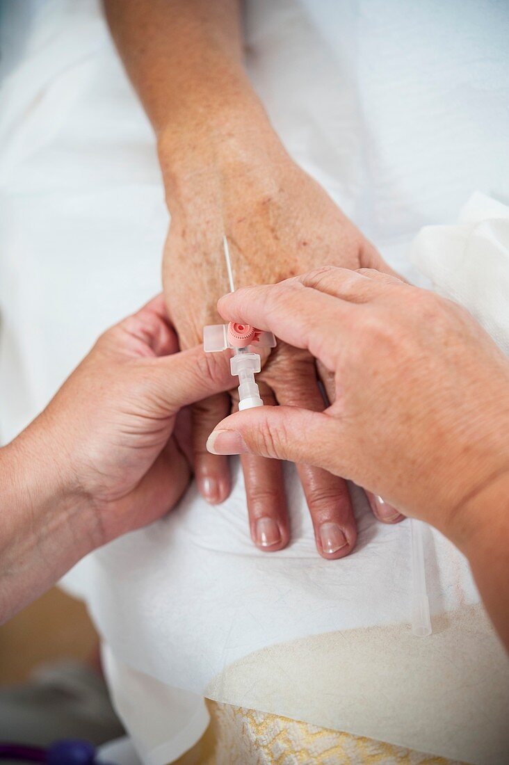 Nurse preparing a patient for an IV line