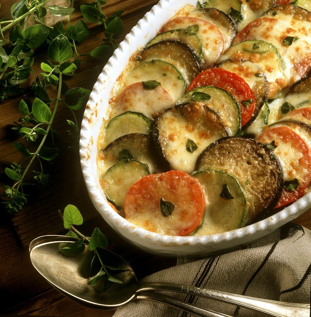 Aubergine, courgette and tomato gratin with fresh thyme