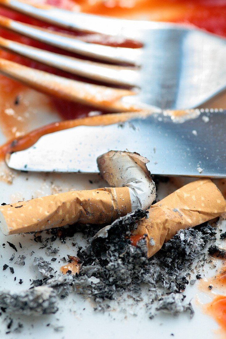Cigarettes stubbed out on plate