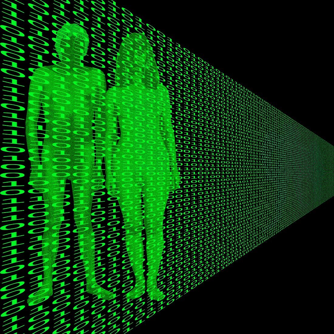 Male and female with binary code