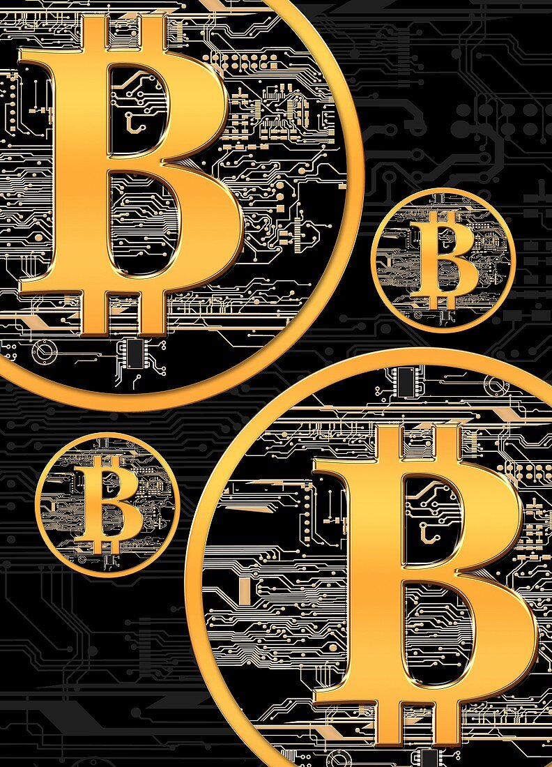 Bitcoin logo on circuit board,artwork