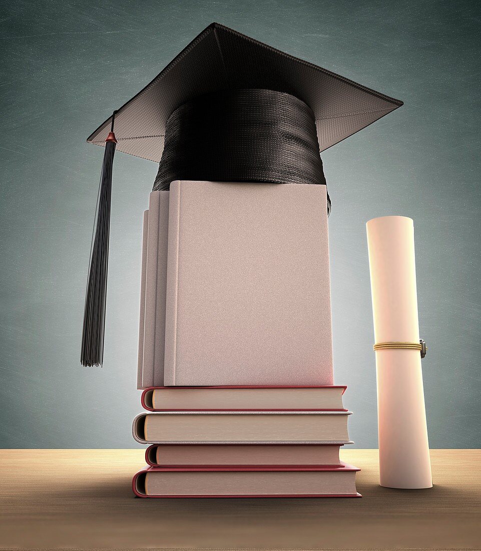 Mortar board on a stack of books,artwork