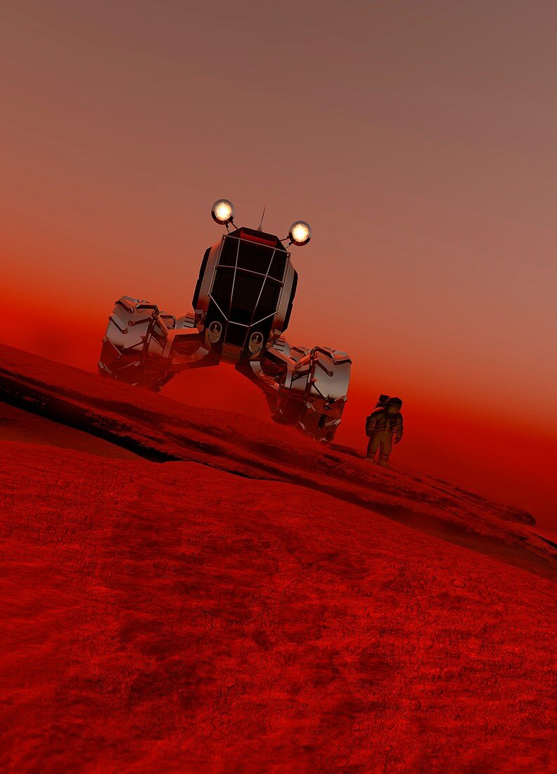 Astronaut and vehicle on mars