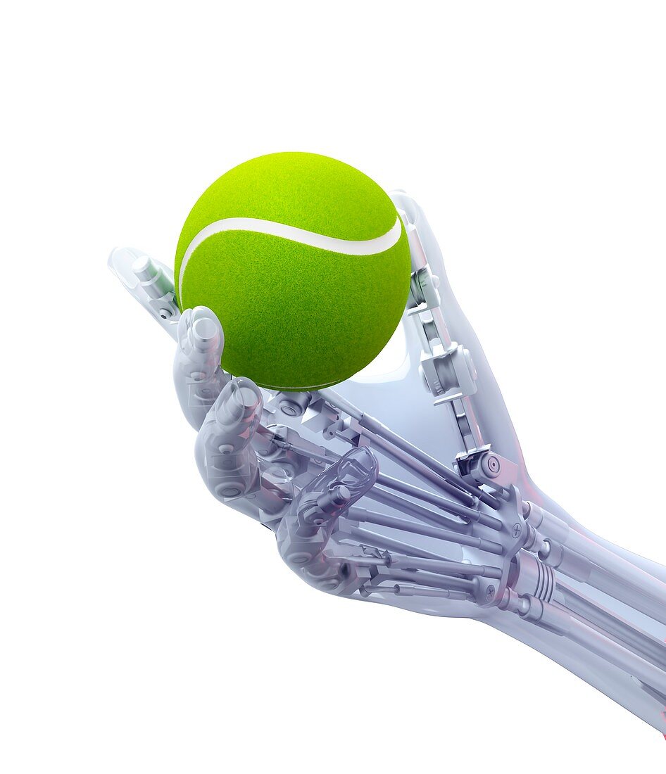 Artificial hand holding a tennis ball