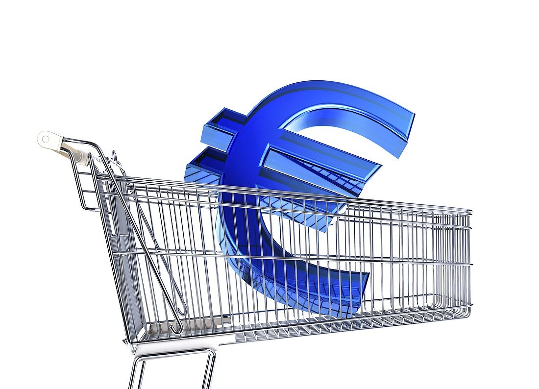Euro sign inside a supermarket trolley
