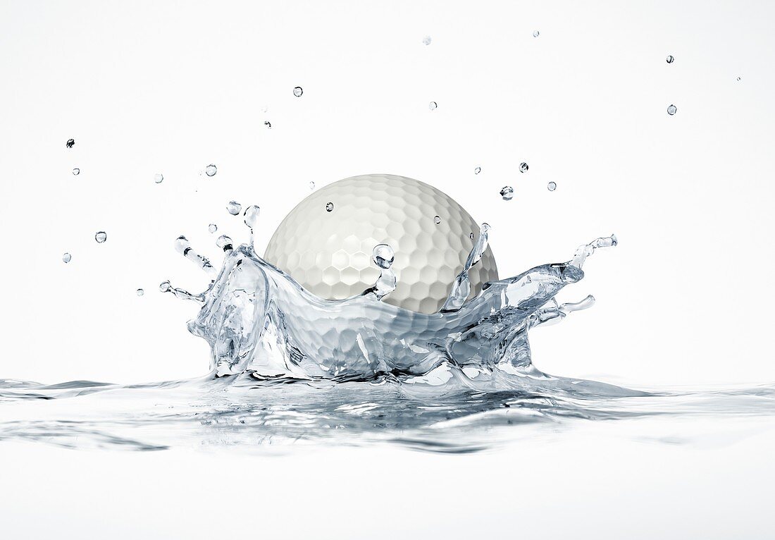 Golf ball splashing into water,artwork