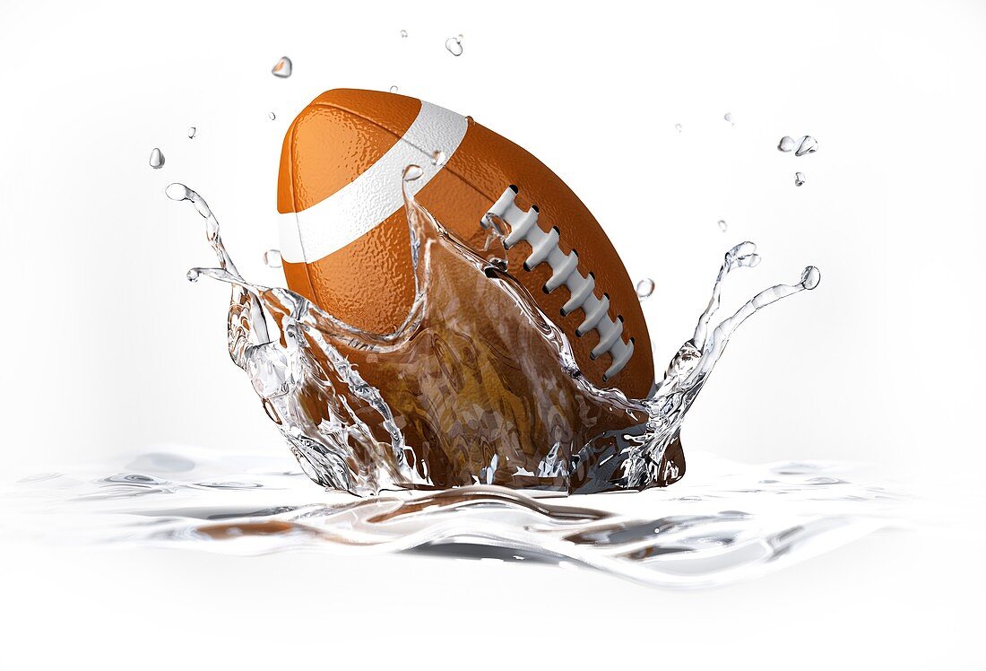 Rugby ball splashing into water,artwork